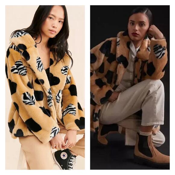 Maeve Faux Fur Zebra And Black Heart Print Coat Size S - Picture 12 of 12